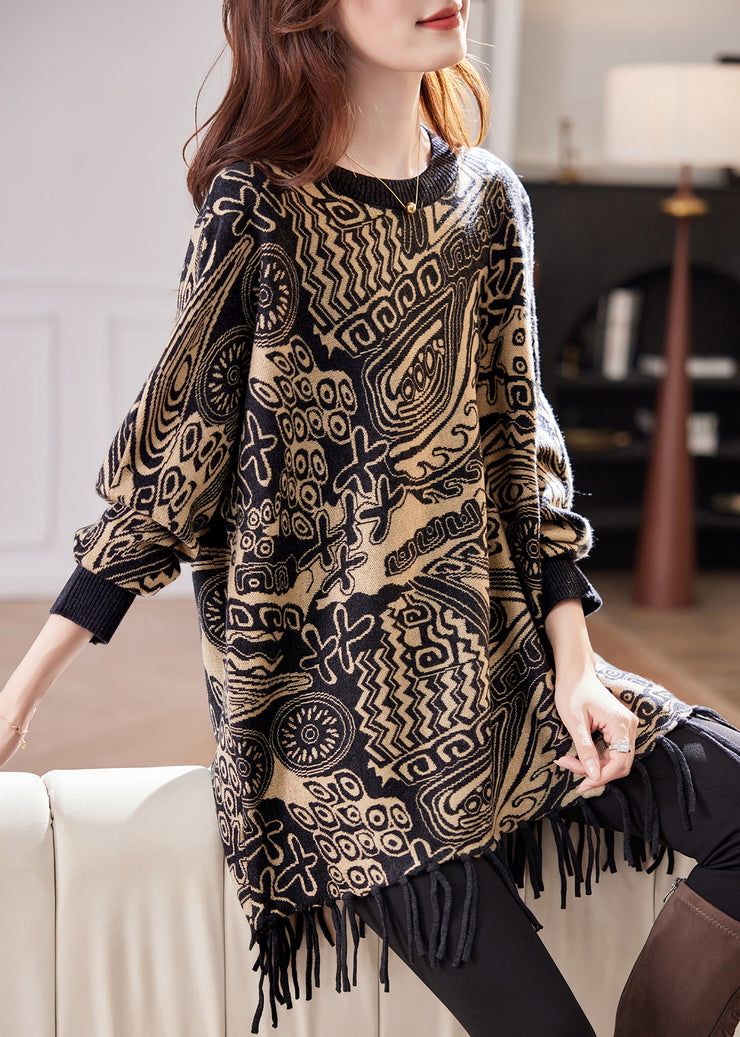 Jacquard Black O Neck Tasseled Knit Sweater Fall