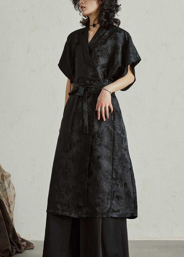 Jacquard Black Tie Waist Solid Silk Maxi Dress Summer
