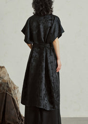 Jacquard Black Tie Waist Solid Silk Maxi Dress Summer