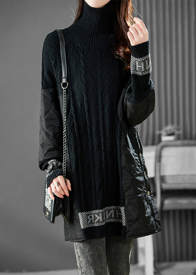 Fashion Black Turtleneck Patchwork Corduroy Fall Long Sweater