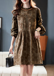 Jacquard Blackish Green O Neck Ruffled Patchwork Cotton Dress Fall