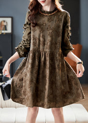 Jacquard Blackish Green O Neck Ruffled Patchwork Cotton Dress Fall