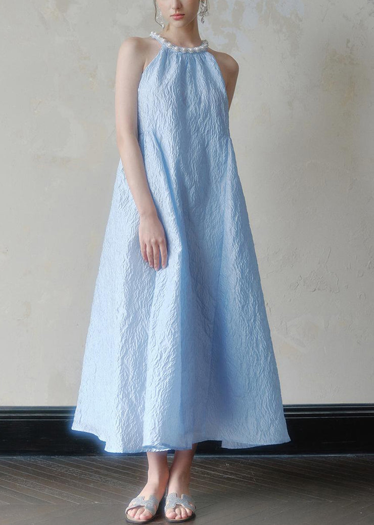 Jacquard Blue Halter Beading Maxi Dress Summer