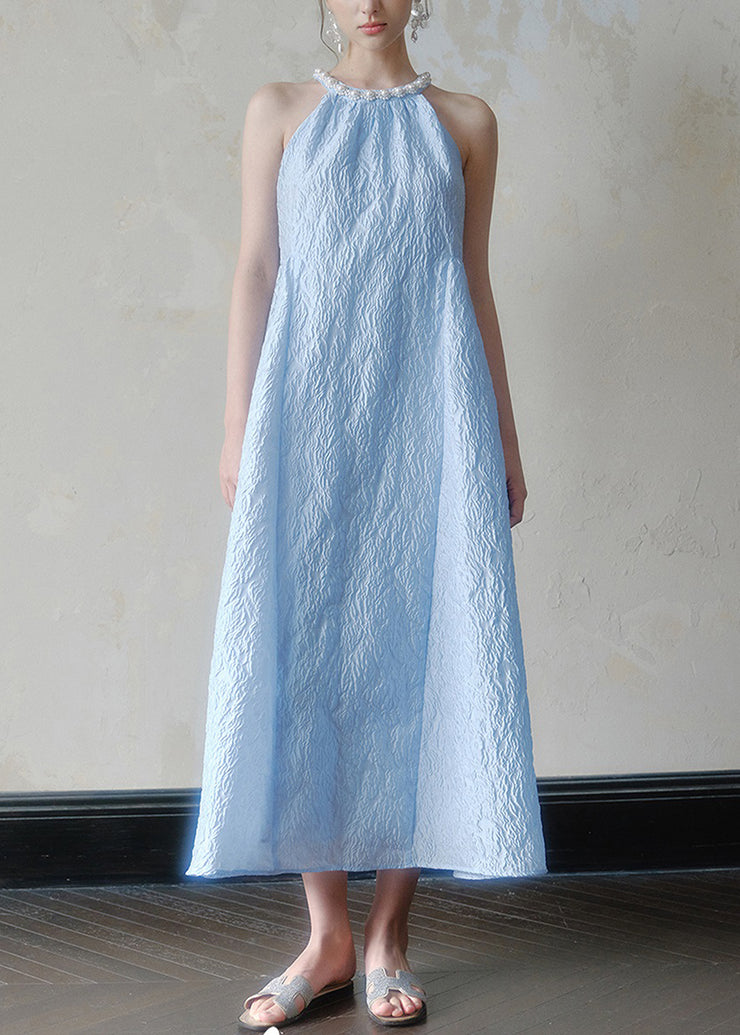 Jacquard Blue Halter Beading Maxi Dress Summer