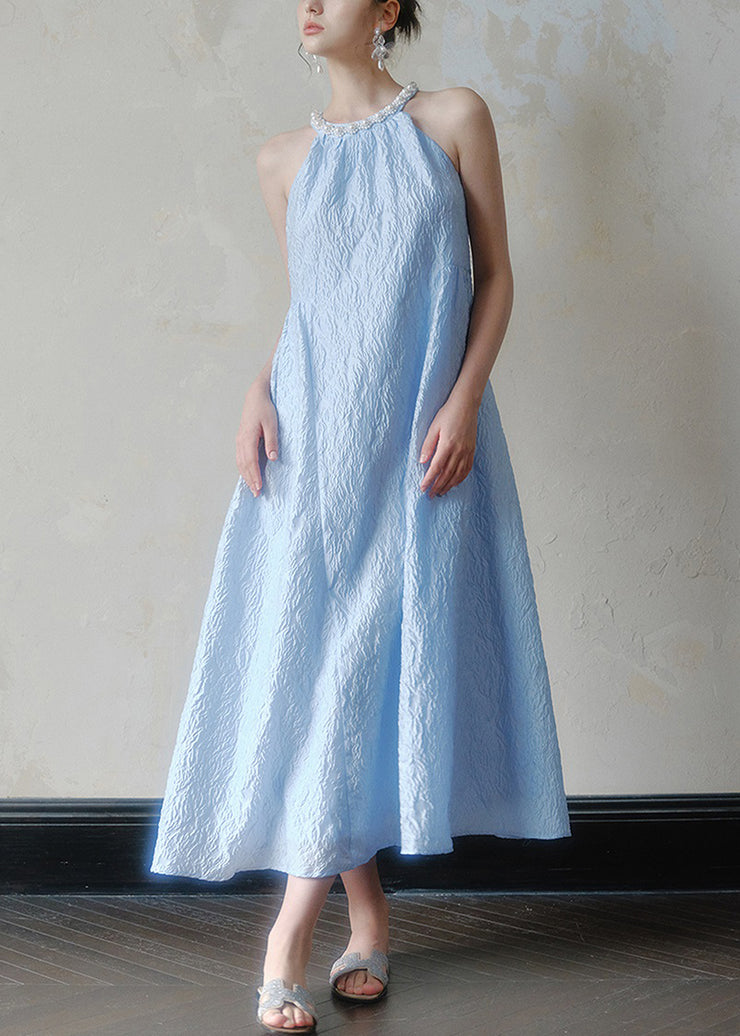 Jacquard Blue Halter Beading Maxi Dress Summer