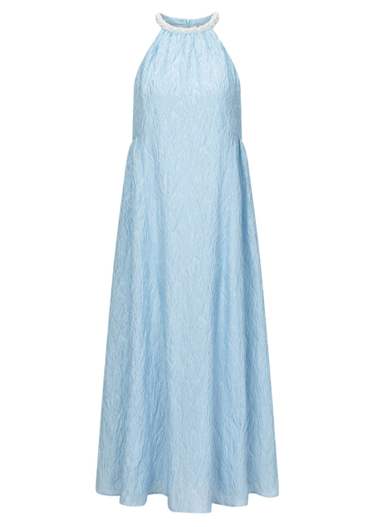 Jacquard Blue Halter Beading Maxi Dress Summer