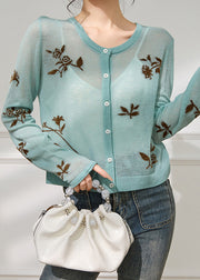Jacquard Blue O Neck Button Cozy Knit Cardigans Fall