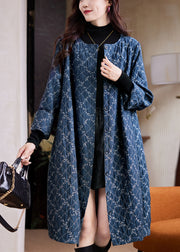 Jacquard Blue O Neck Plaid Button Cotton Long Coat Fall