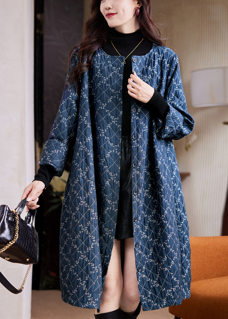 Jacquard Blue O Neck Plaid Button Cotton Long Coat Fall