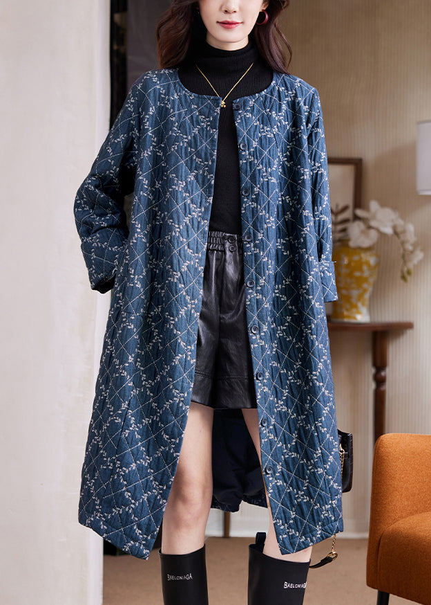 Jacquard Blue O Neck Plaid Button Cotton Long Coat Fall