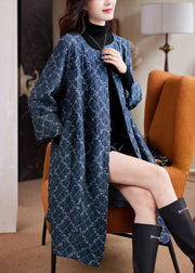 Jacquard Blue O Neck Plaid Button Cotton Long Coat Fall