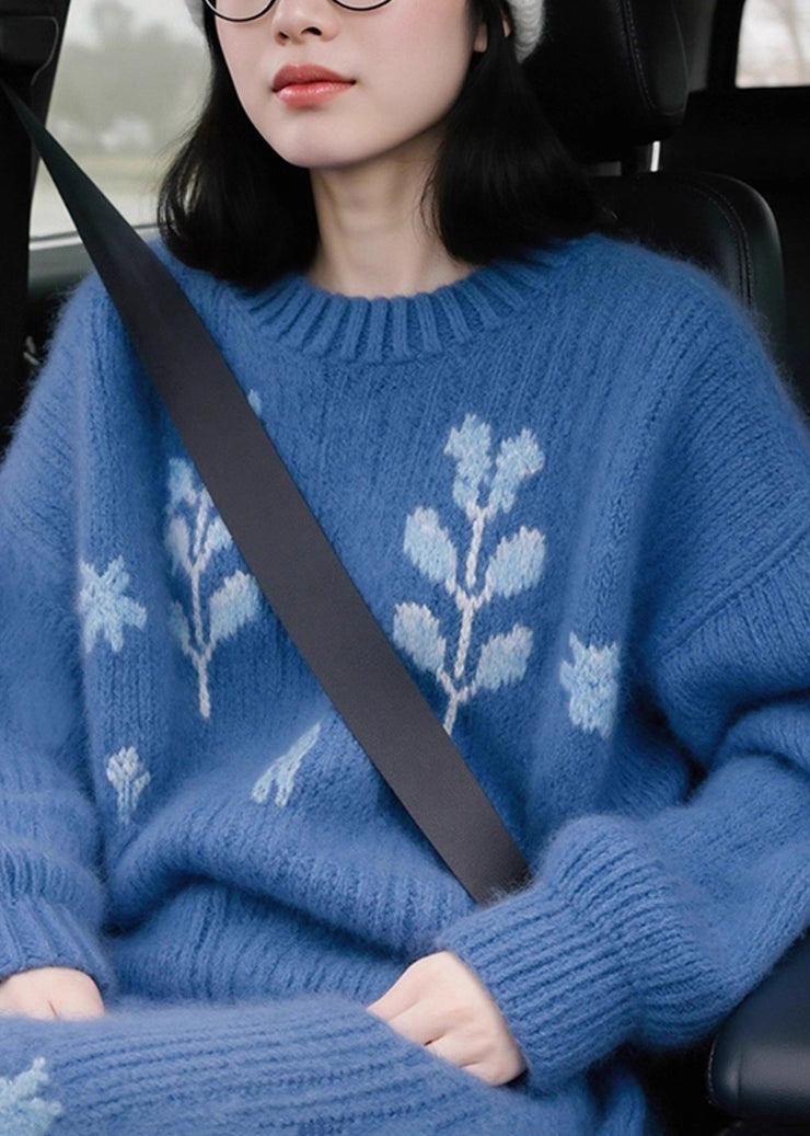 Jacquard Blue Patchwork Cozy Cotton Knit Sweaters Fall