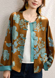 Jacquard Brown Chinese Button Patchwork Silk Coats Fall