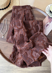 Jacquard Brown Zippered High Waist Cotton Pants Fall