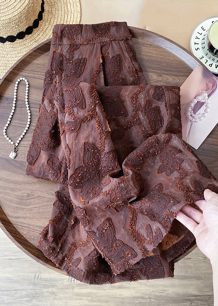 Jacquard Brown Zippered High Waist Cotton Pants Fall