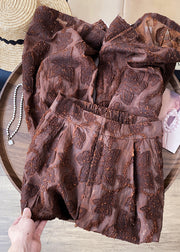 Jacquard Brown Zippered High Waist Cotton Pants Fall