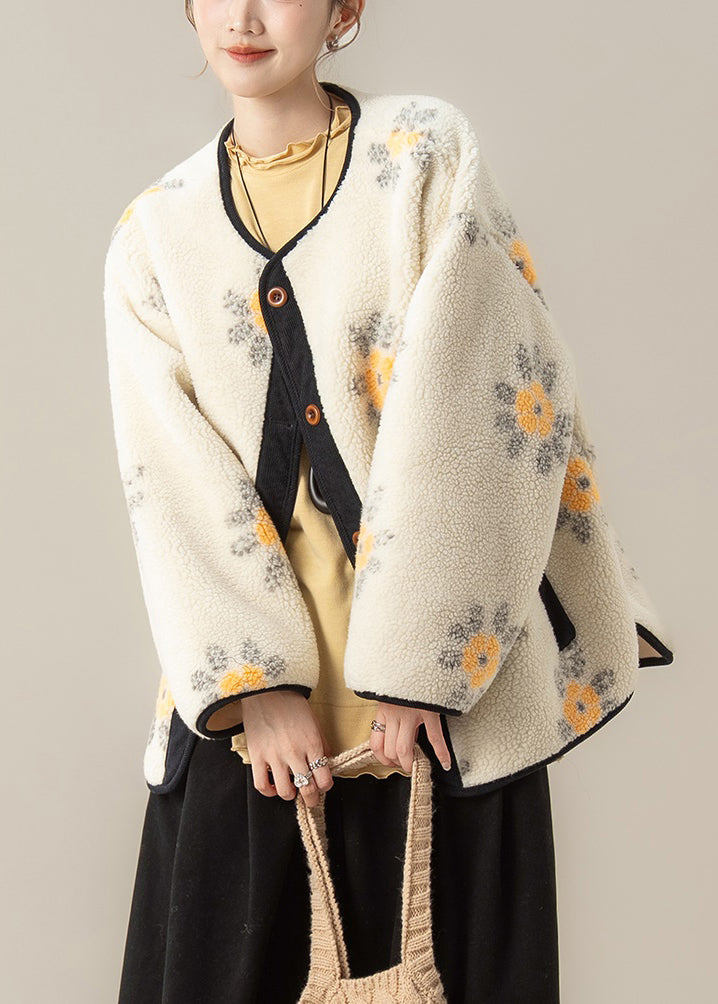 Jacquard Coffee Button Fluffy Coat And Grey Ruffled T Shirt Two Piece Set Winter