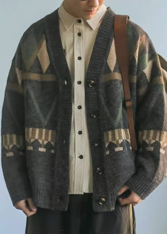 Jacquard Dark Gray V Neck Button Knit Men Coat Spring