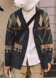 Jacquard Dark Gray V Neck Button Knit Men Coat Spring