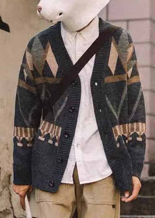 Jacquard Dark Gray V Neck Button Knit Men Coat Spring