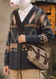 Jacquard Dark Gray V Neck Button Knit Men Coat Spring