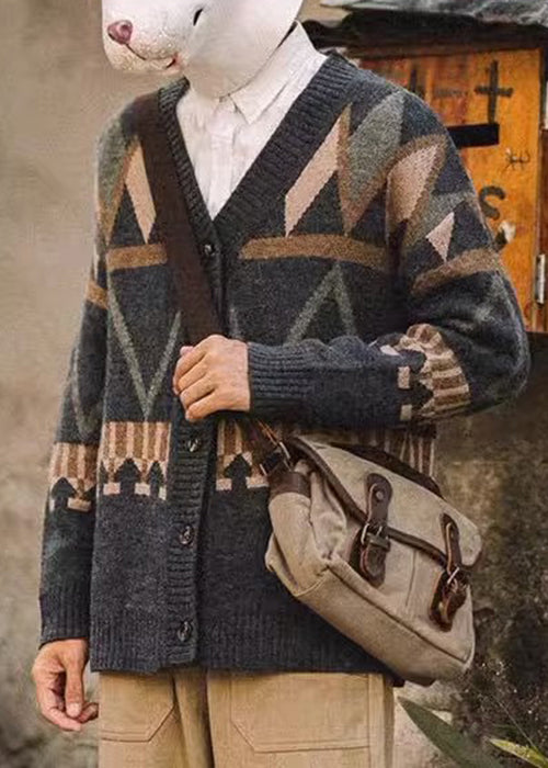 Jacquard Dark Gray V Neck Button Knit Men Coat Spring