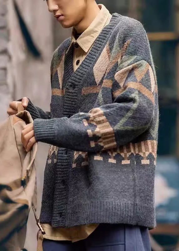 Jacquard Dark Gray V Neck Button Knit Men Coat Spring