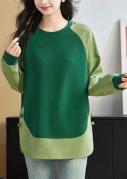 Jacquard Green Button Patchwork Cotton Sweatshirt Fall