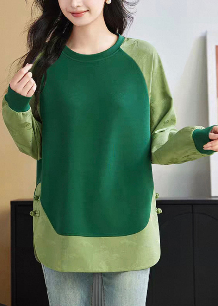 Jacquard Green Button Patchwork Cotton Sweatshirt Fall