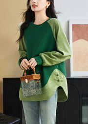 Jacquard Green Button Patchwork Cotton Sweatshirt Fall