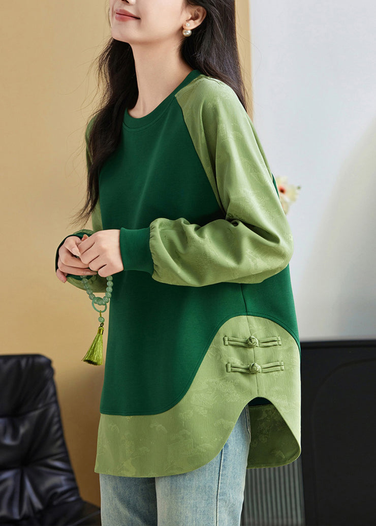 Jacquard Green Button Patchwork Cotton Sweatshirt Fall
