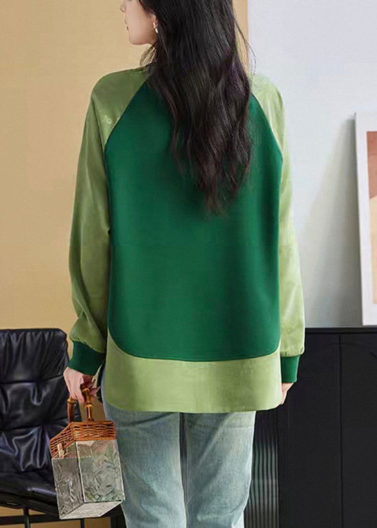 Jacquard Green Button Patchwork Cotton Sweatshirt Fall
