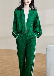 Jacquard Green Zippered Lace Up Elastic Waist Two Pieces Set Fall