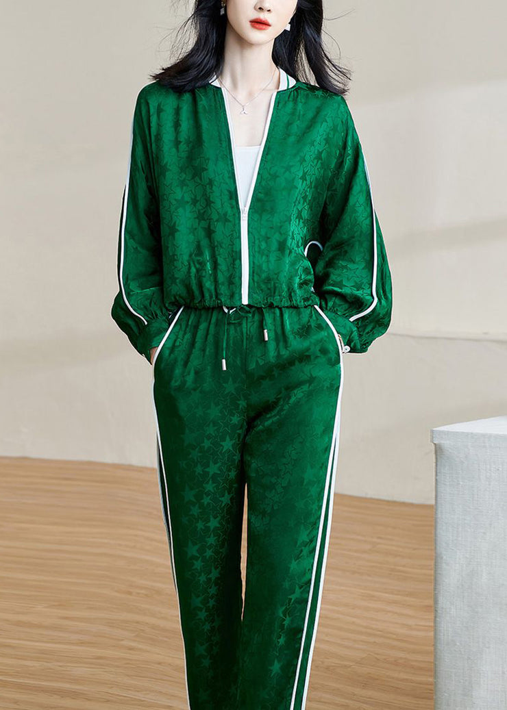 Jacquard Green Zippered Lace Up Elastic Waist Two Pieces Set Fall