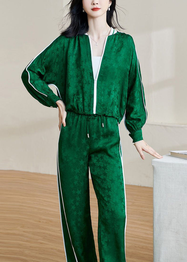 Jacquard Green Zippered Lace Up Elastic Waist Two Pieces Set Fall