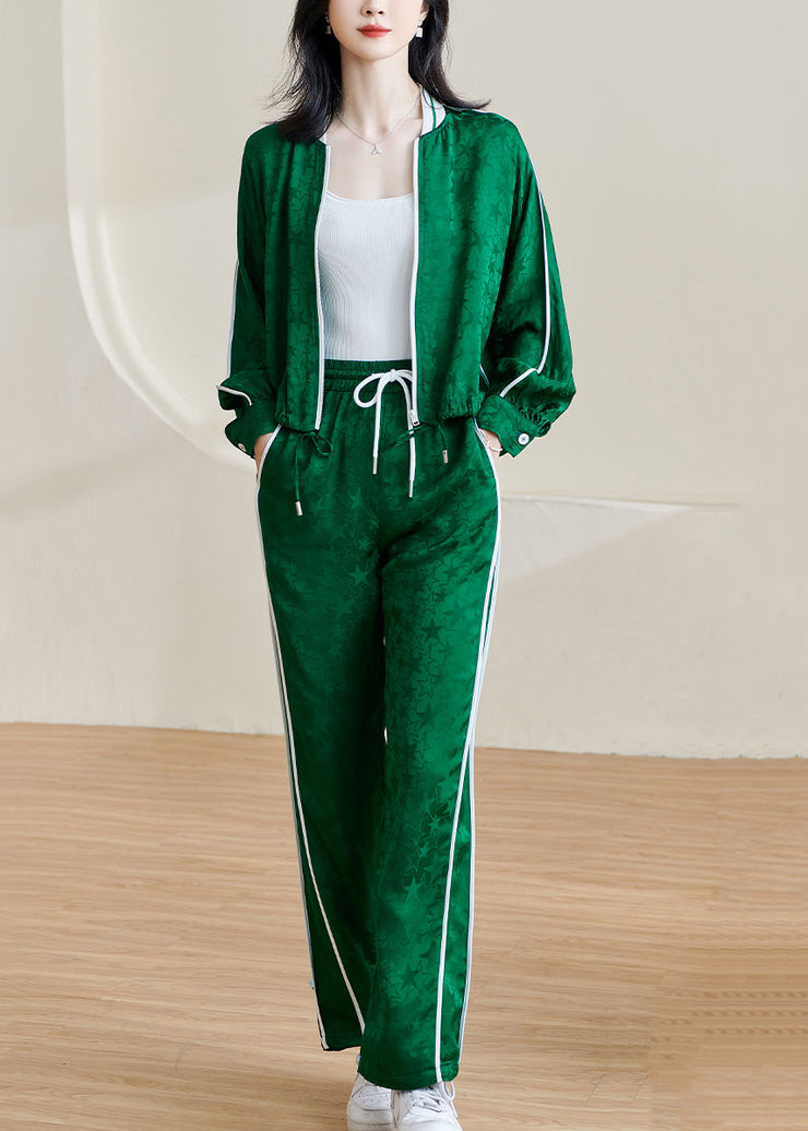 Jacquard Green Zippered Lace Up Elastic Waist Two Pieces Set Fall