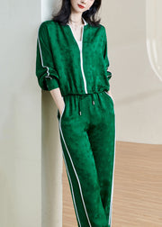 Jacquard Green Zippered Lace Up Elastic Waist Two Pieces Set Fall