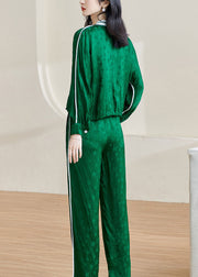 Jacquard Green Zippered Lace Up Elastic Waist Two Pieces Set Fall