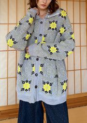 Jacquard Grey Peter Pan Collar Button Knitted Cotton Coats Fall