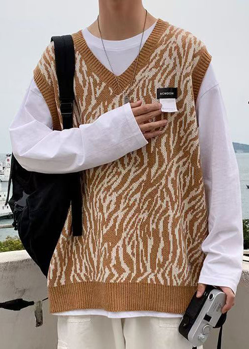 Jacquard Khaki V Neck Cozy Knit Men Vest Sleeveless