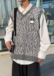 Jacquard Khaki V Neck Cozy Knit Men Vest Sleeveless