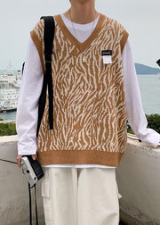 Jacquard Khaki V Neck Cozy Knit Men Vest Sleeveless