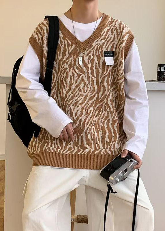 Jacquard Khaki V Neck Cozy Knit Men Vest Sleeveless