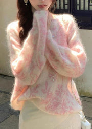 Jacquard Pink Embroidered Zircon Wool Knit Sweaters Fall