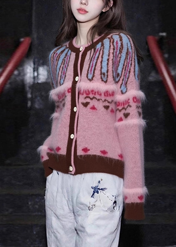 Jacquard Pink O-Neck Button Cotton Knit Cardigan Fall