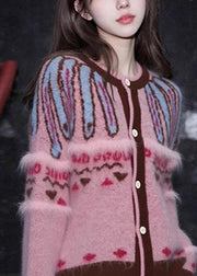 Jacquard Pink O-Neck Button Cotton Knit Cardigan Fall