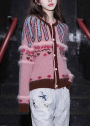 Jacquard Pink O-Neck Button Cotton Knit Cardigan Fall