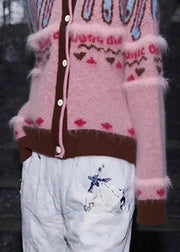 Jacquard Pink O-Neck Button Cotton Knit Cardigan Fall