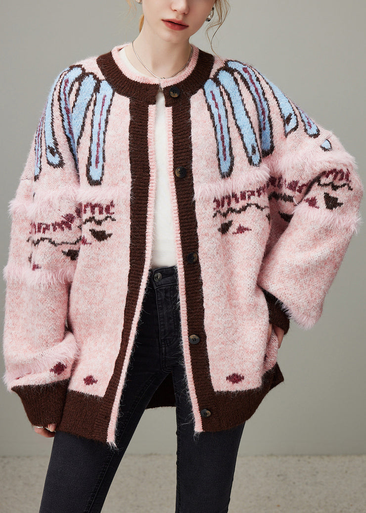 Jacquard Pink O Neck Button Cozy Knit Coat Winter