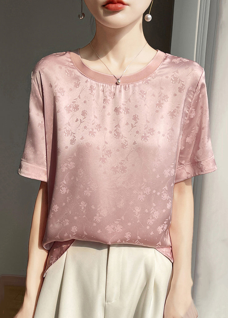 Jacquard Pink O Neck Side Open Silk T Shirt Summer